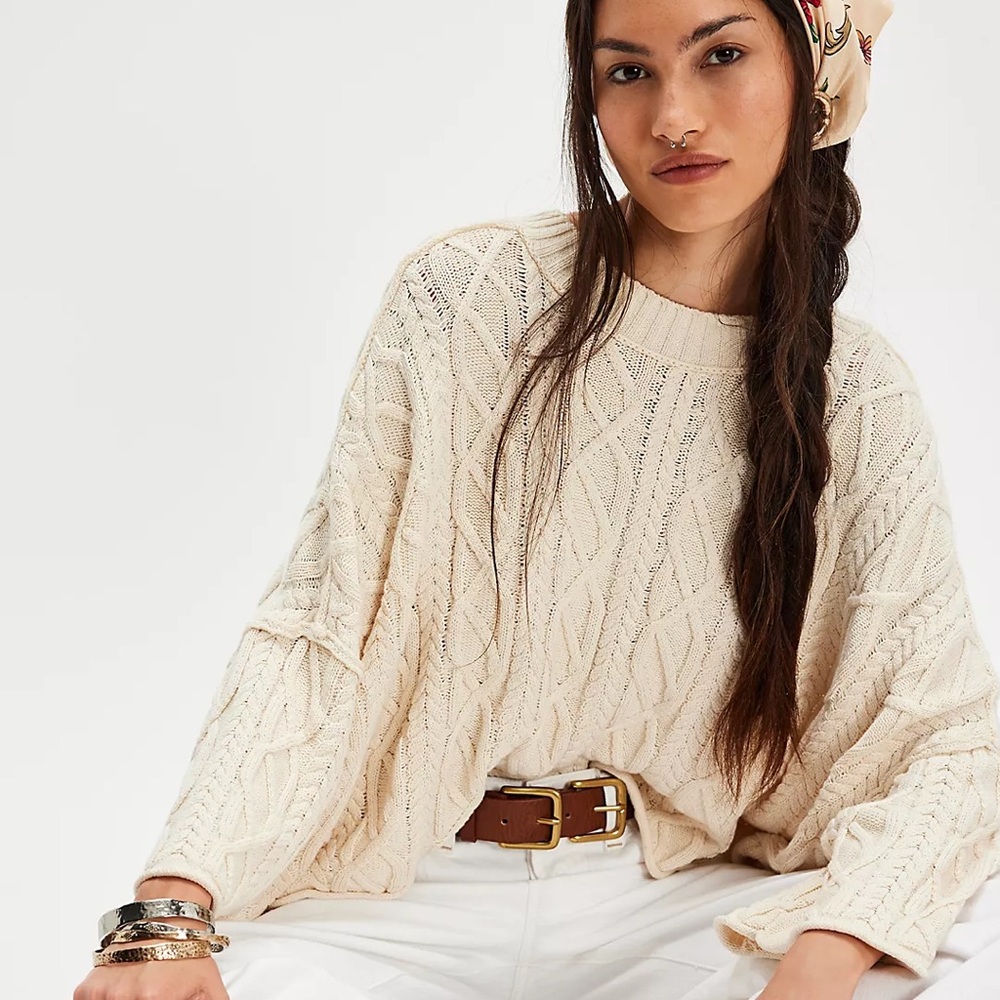 NWT Free People Washed Ashore Cable Knit Sweater in cotton cream XS